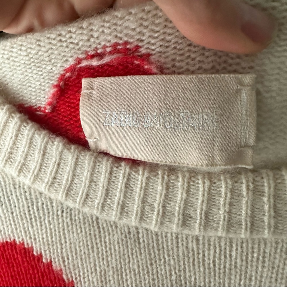 ZADIG VOLTAIRE Markus Cashmere Sweater Cream with Red and Pink Hearts EUC small - Picture 5 of 7